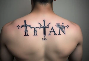 Name ‘Titan’ with birthday, Greek mythology inspired font with mini swords the T in Titan is a sword with cherry blossoms flowers in the background of the tattoo tattoo idea