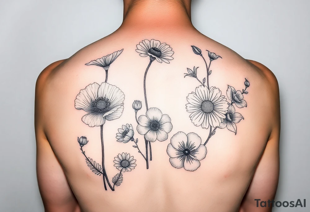 poppy, gladiolus, holly, narcissistic, daisy, and sweet pea tattoo idea