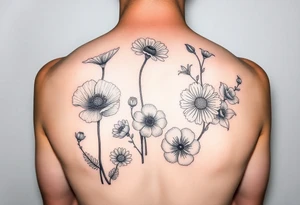 poppy, gladiolus, holly, narcissistic, daisy, and sweet pea tattoo idea