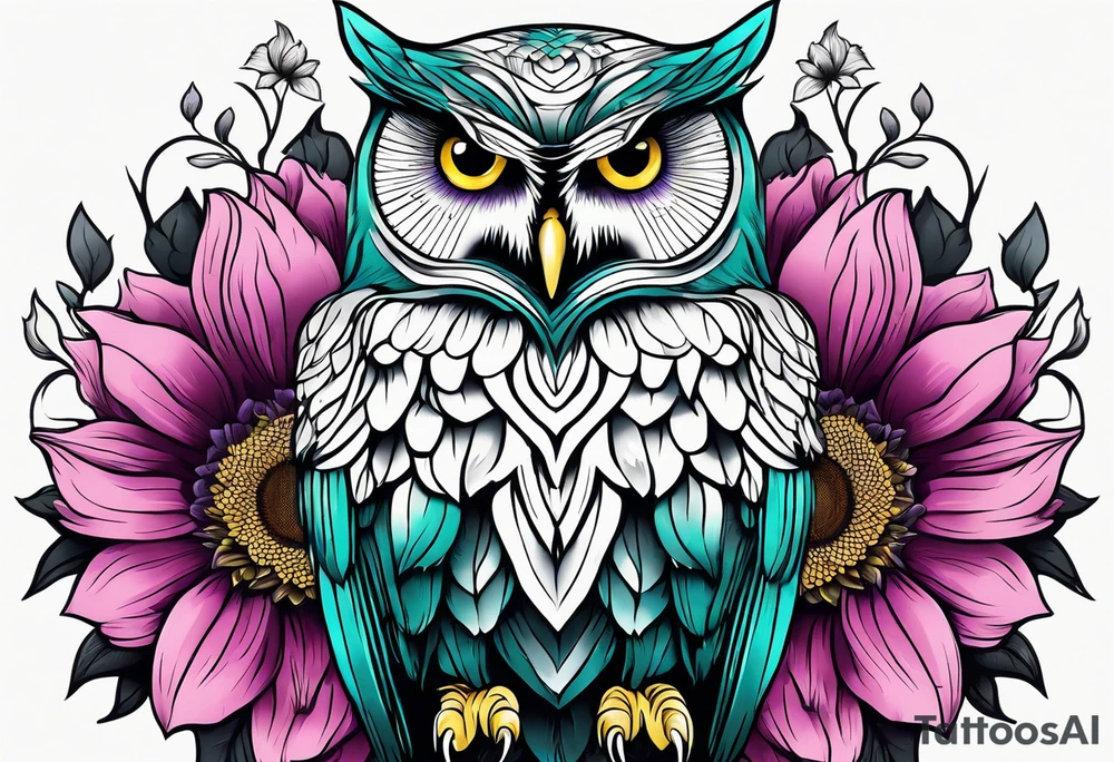 Black and white owl shaded teal, pink and purple surrounded by yellow sunflowers sleeve tattoo idea