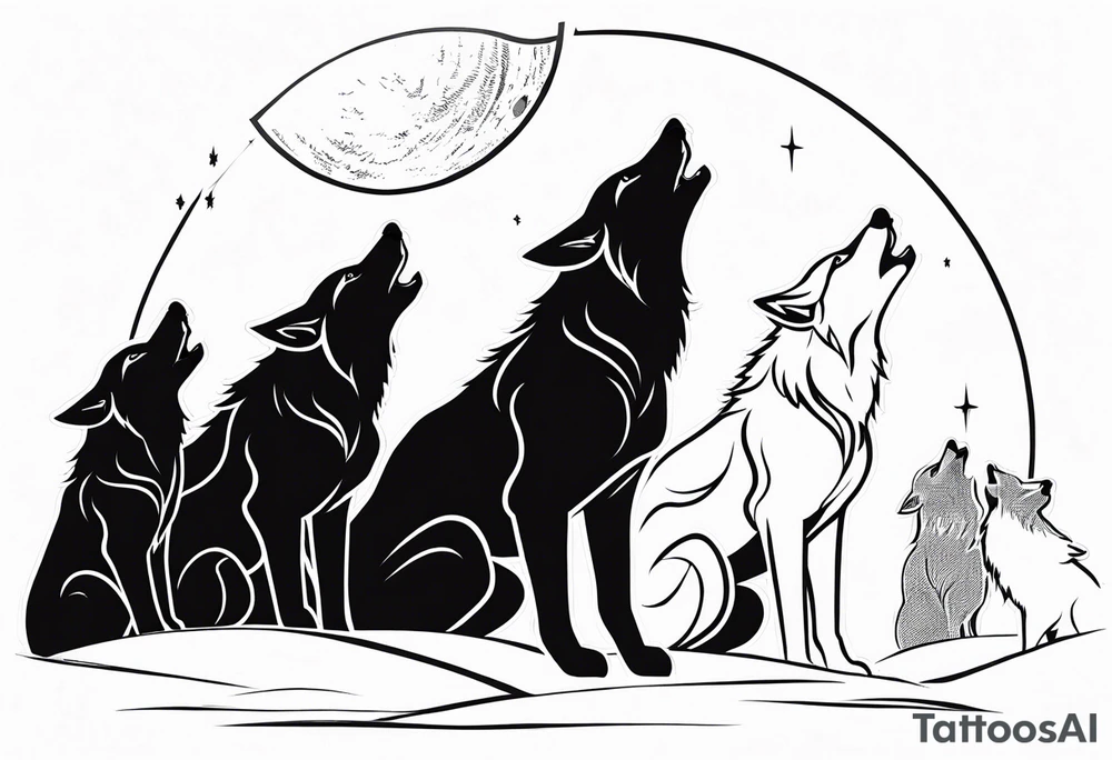 6 wolfs howling at moon tattoo idea