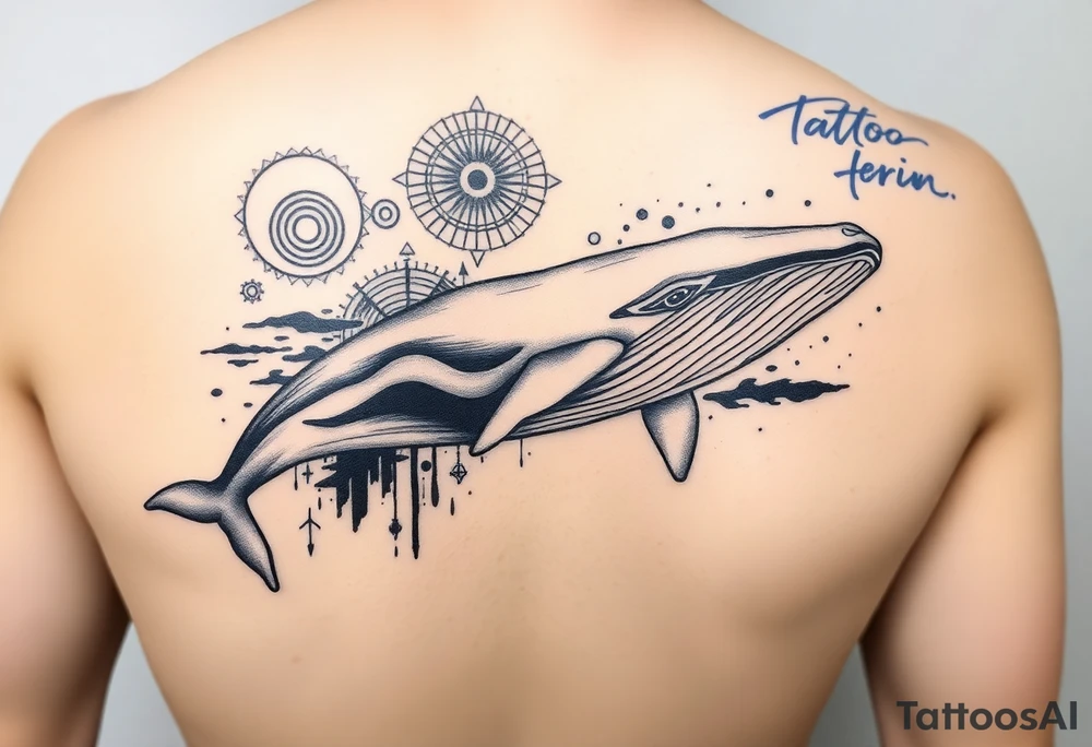 “A realistic-style humpback whale swimming forward across the upper bicep, with its tail transitioning into abstract brushstrokes and artistic smudges. Background includes sacred geometric shapes (circles, triangles, lines) integrated subtly, and a detailed Maori/Polynesian tribal tattoo only on the shoulder area. Add expressive blue calligraphic scribbles – more like ink gestures than text. tattoo idea