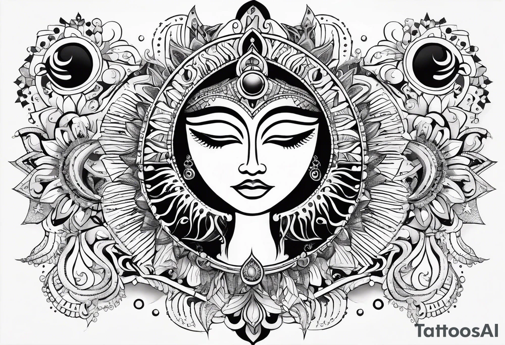 Mexican feminine alien Sun and moon. Freeform rectangular sternum swirls with dots and stars tattoo idea