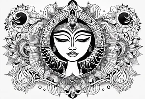 Mexican feminine alien Sun and moon. Freeform rectangular sternum swirls with dots and stars tattoo idea