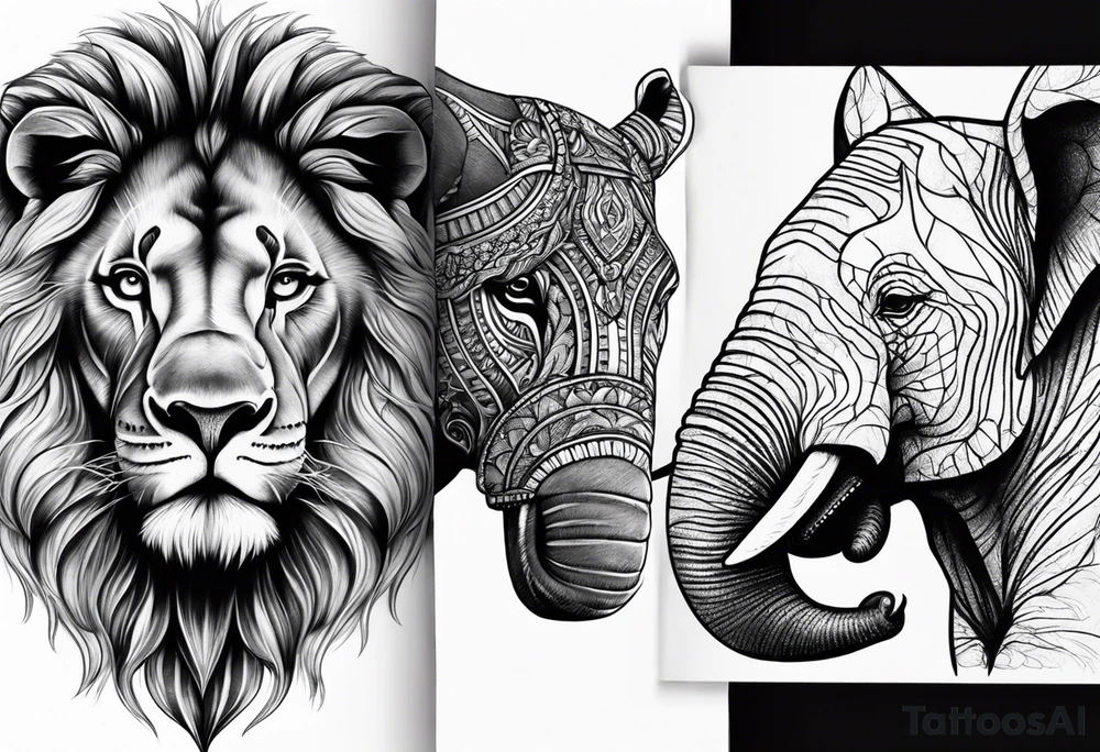 Half lion face half elephant face tattoo idea