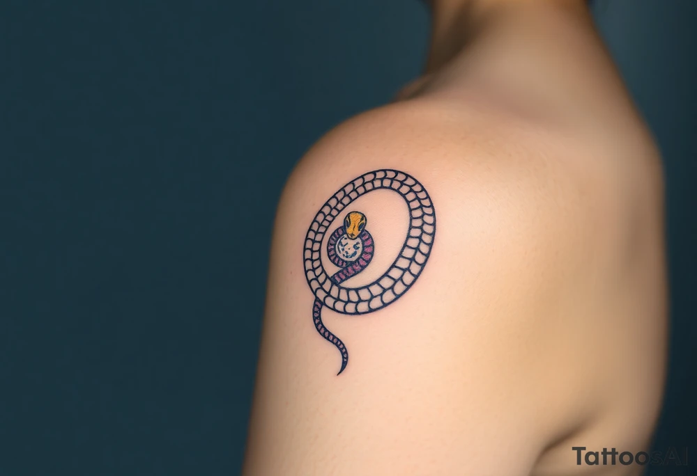 A lilac and golden Ouroboros snake forming cyrcle touching its tail tip, with cosmic patterns resembling a swirling galaxy within its body. tattoo idea