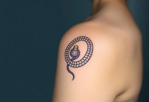 A lilac and golden Ouroboros snake forming cyrcle touching its tail tip, with cosmic patterns resembling a swirling galaxy within its body. tattoo idea