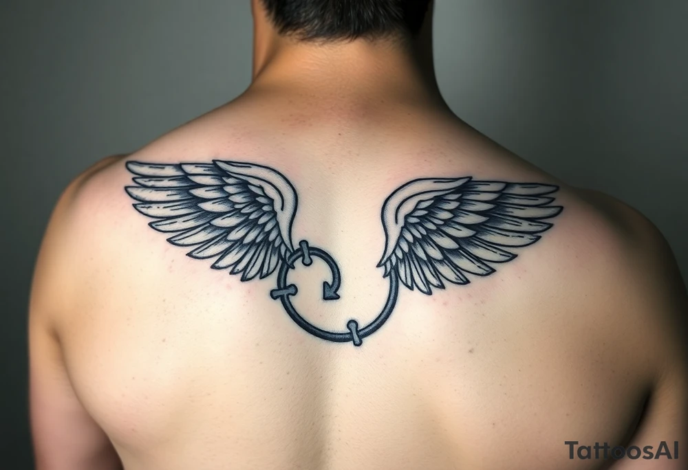 “Wing that shows struggle without glorifying ‘brokenness’—more mended/covered/cared for. Clean blackwork, gentle shading, small scripture reference optional, autism-affirming infinity loop (not puzzle piece tattoo idea “Wing that shows struggle without glorifying ‘brokenness’—more mended/covered/cared for. Clean blackwork, gentle shading, small scripture reference optional, autism-affirming infinity loop (not puzzle piece tattoo idea