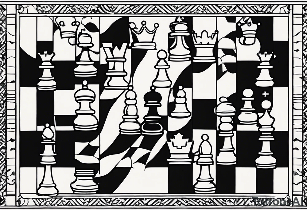 narrow rectangle strip made of chess queens and pawns holding hands tattoo idea