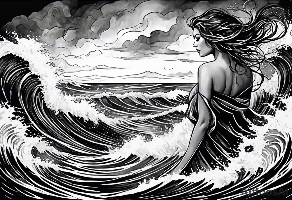 stormy sea waves, full-length woman in the middle of the storm tattoo idea