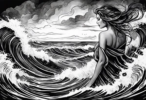 stormy sea waves, full-length woman in the middle of the storm tattoo idea