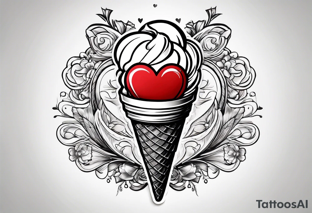ice cream cone with one round scoop of ice cream and a red heart tattoo idea