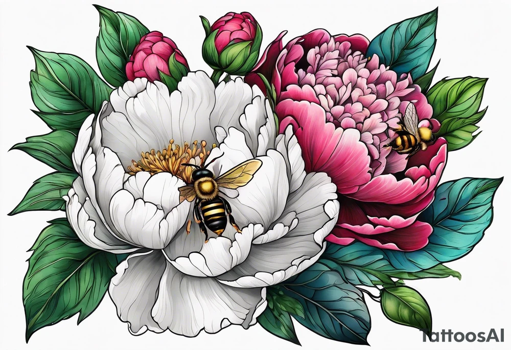 Vibrant peony with hydrangea and leaves and a bee tattoo idea