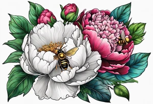 Vibrant peony with hydrangea and leaves and a bee tattoo idea