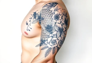 sea creatures,
 honey comb, bees, and roses tattoo idea