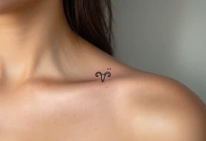 A fine-line Aries tattoo uses minimalist black ink with a pop of red for the zodiac sign beside the star constellation. tattoo idea