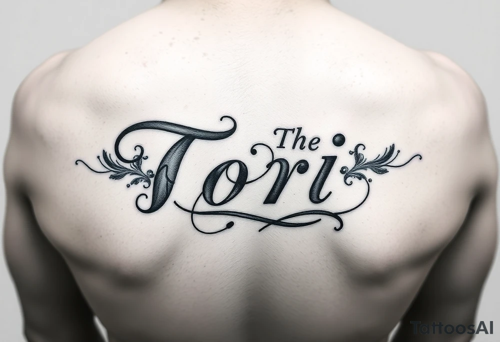 The name Tori on a man’s hand with designs tattoo idea