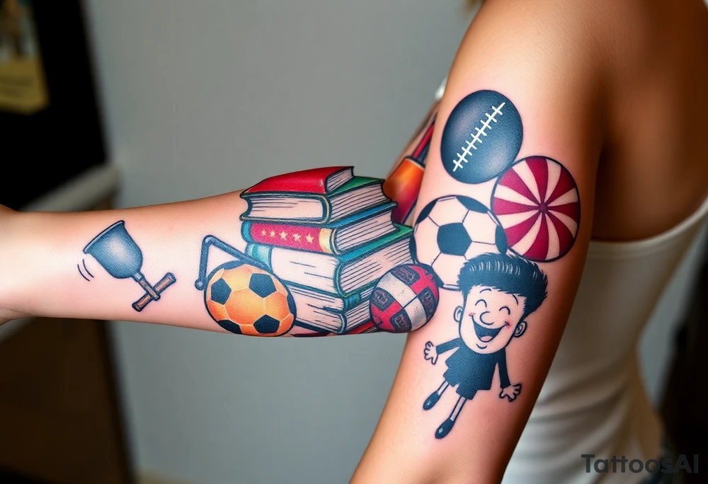 Childhood memories of a small pile of books, a bucket and spade, a football, a cricket bat, a cartoon of Dennis the Menace from the Beano comic, and the American Idiot symbol tattoo idea