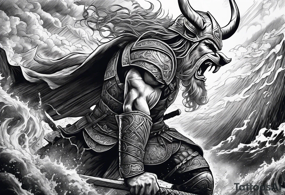 Norse mythology, ultra realism, Viking, war, battle, storm, chaos,  detailed, ragnarok, panoramic tattoo idea