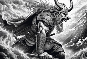 Norse mythology, ultra realism, Viking, war, battle, storm, chaos,  detailed, ragnarok, panoramic tattoo idea