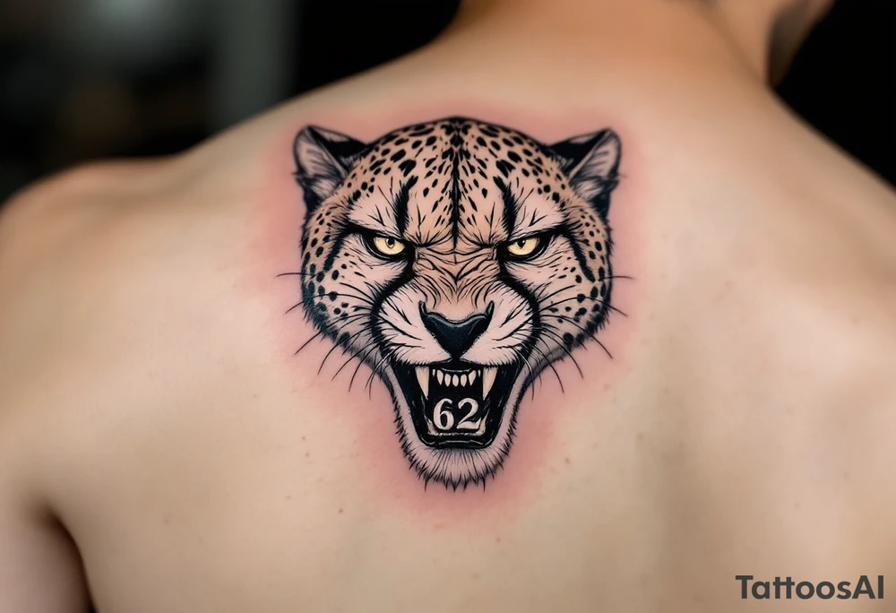 angry cheetah with the number 62 tattoo idea