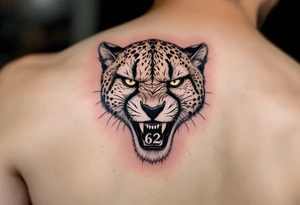 angry cheetah with the number 62 tattoo idea