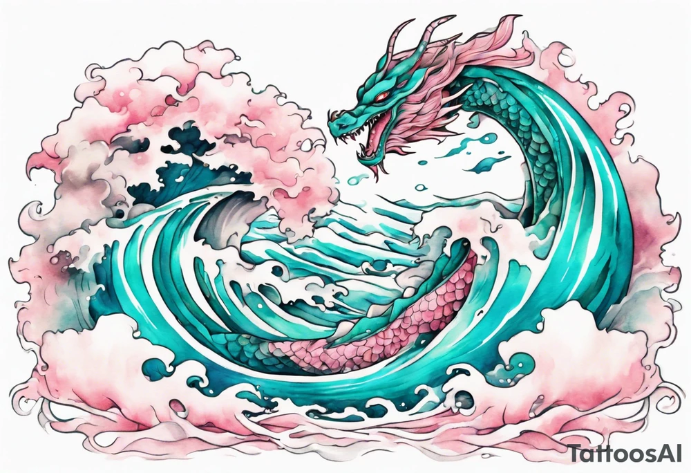 a beautiful turquoise pink and white sea  Fafnir rising from the waves of the ocean tattoo idea