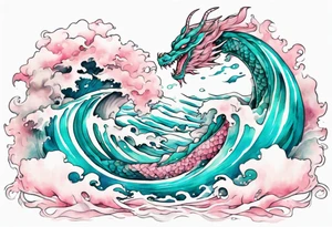 a beautiful turquoise pink and white sea  Fafnir rising from the waves of the ocean tattoo idea