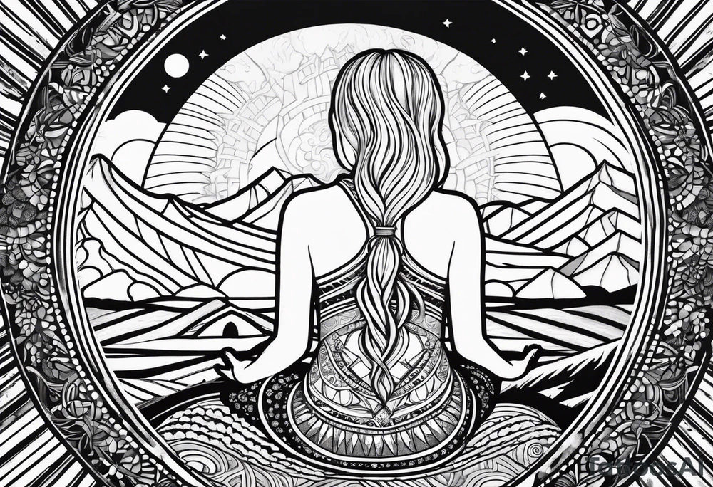 Straight blonde hair girl meditating facing away toward mountains surrounded by mushrooms crescent moon mandala circular design black and white striped dress tattoo idea