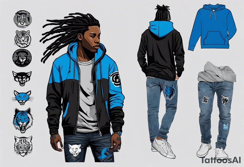 black well built teen with with a grey hoodie on and blue jeans with long dreads turning into a blue wildcat in various spots on his body. I want his hoodie appear as if its been ripped in random places from the inside with I Carolina blue football jersey showing underneath that reads Camden tattoo idea