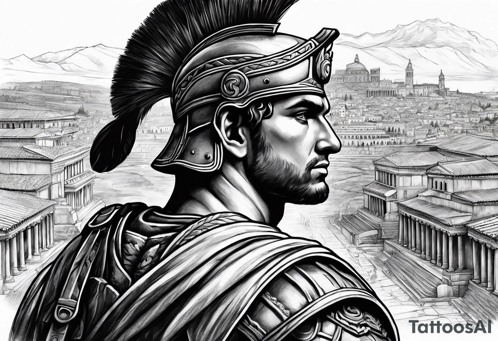 Close up of roman solider looking at ancient city in the background tattoo idea