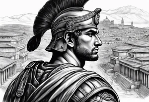 Close up of roman solider looking at ancient city in the background tattoo idea