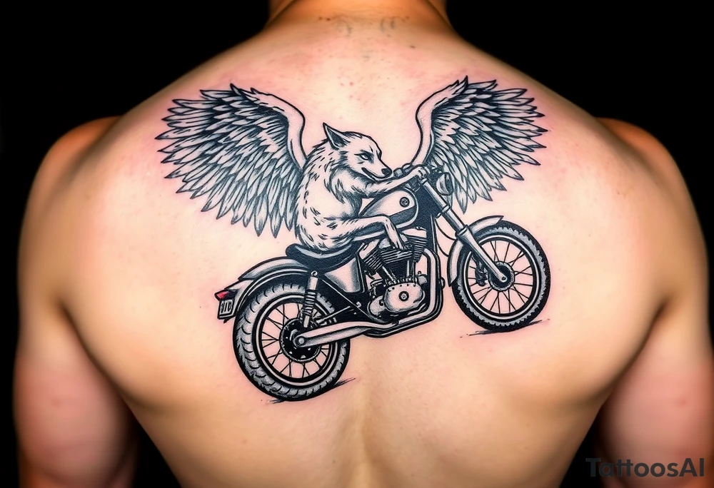 a motorcycle on it with guardian angel wolves on the bike tattoo idea