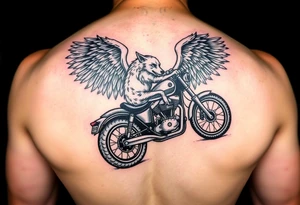 a motorcycle on it with guardian angel wolves on the bike tattoo idea