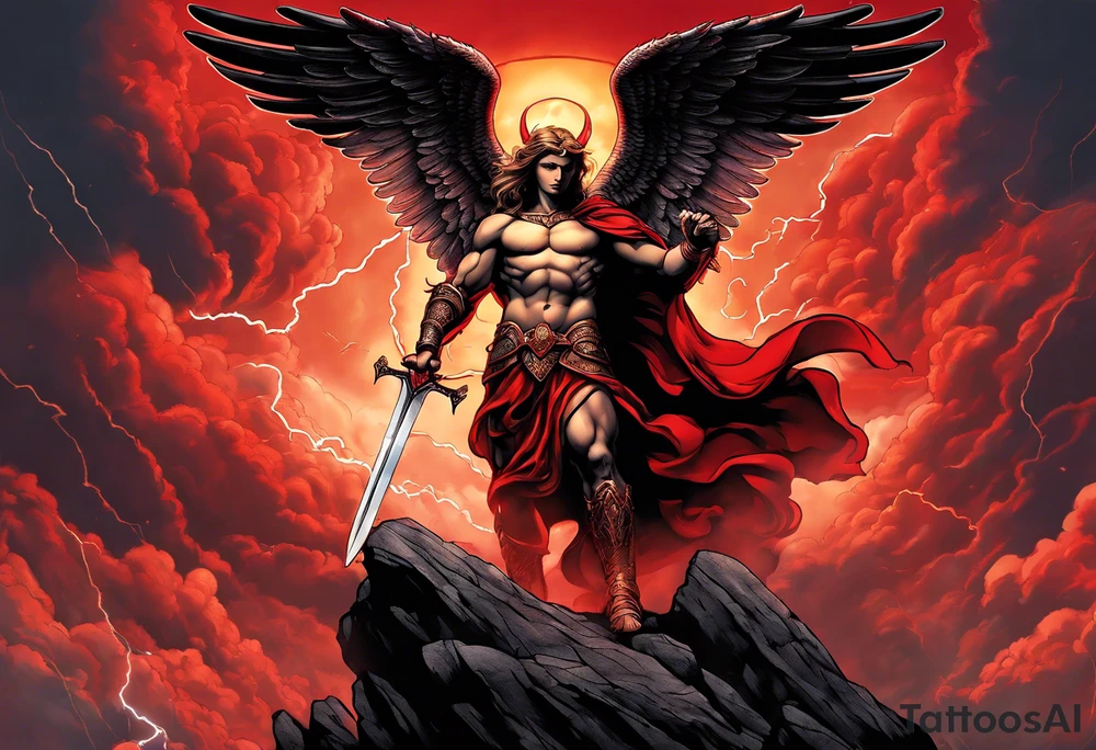 Michael the Archangel standing over satan with sword.  Clouds and lightning in background.  Red lava below satan under a rock tattoo idea