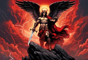 Michael the Archangel standing over satan with sword.  Clouds and lightning in background.  Red lava below satan under a rock tattoo idea