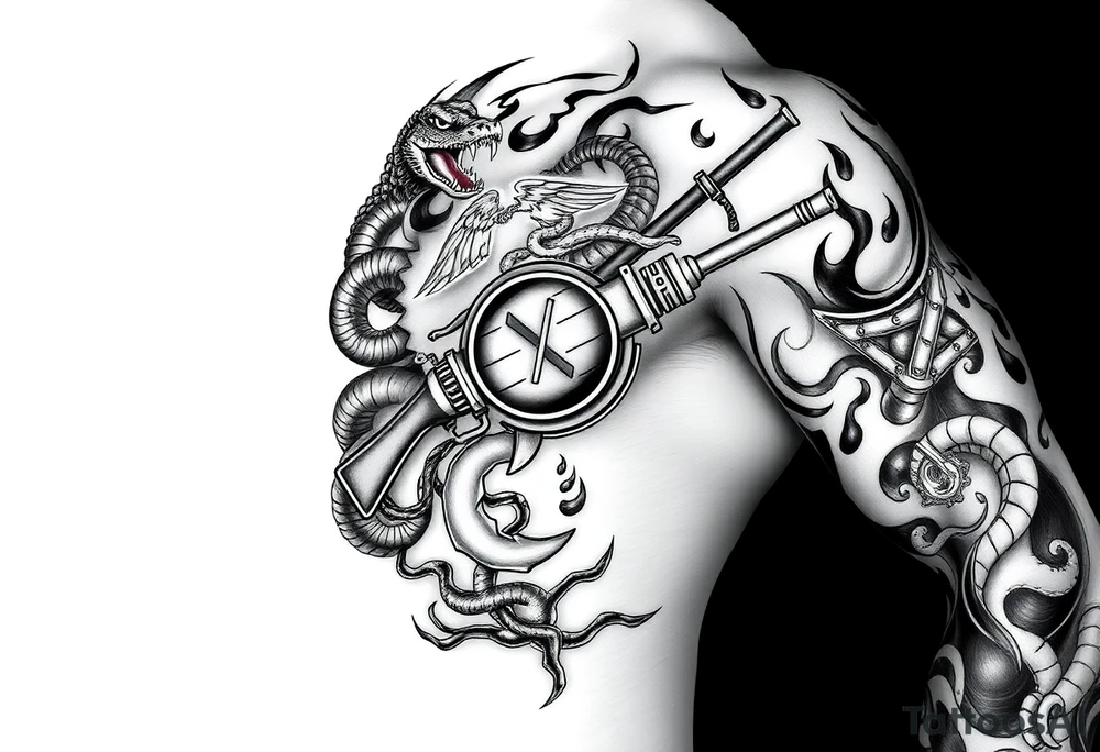 I want a full sleeve from shoulder to wrist. I want to incorporate a firefighter and Marine corps logo. I like snakes, rifles, guns, flames tattoo idea