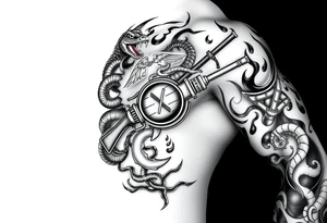 I want a full sleeve from shoulder to wrist. I want to incorporate a firefighter and Marine corps logo. I like snakes, rifles, guns, flames tattoo idea