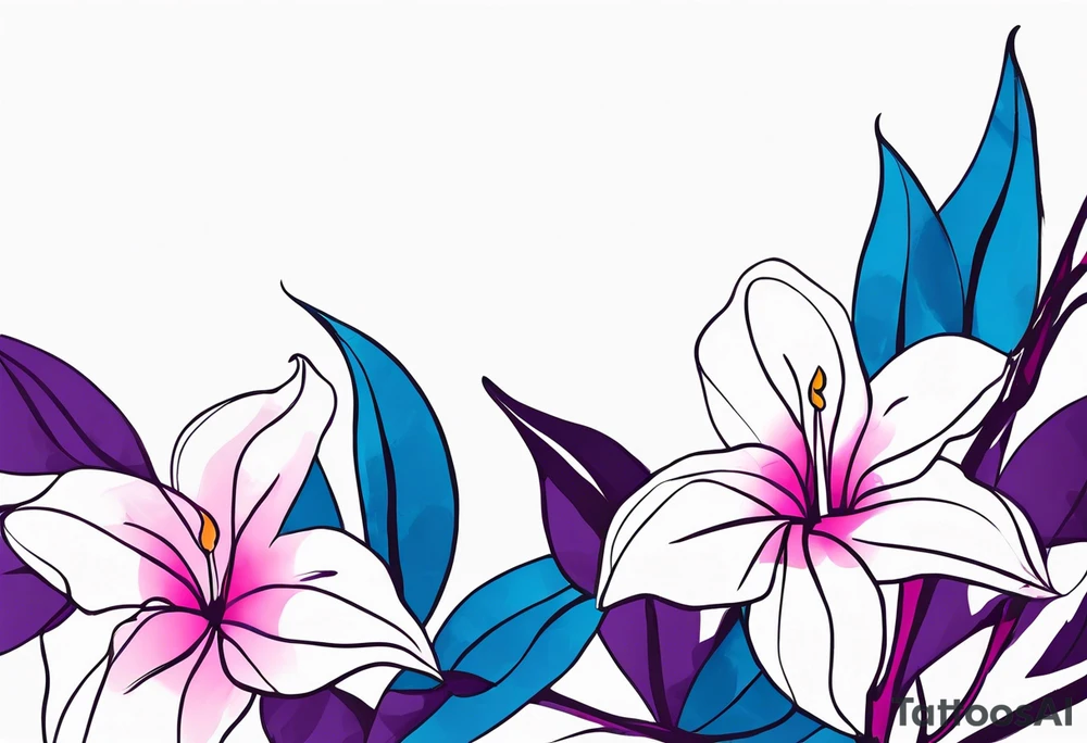 brushstroke abstract pink, purple, and blue mandevilla flowers on a vine, with color leaking out into the background. SOme of the flowers should be full color, and some just linework. It should have a handdrawn, sketch feel. tattoo idea