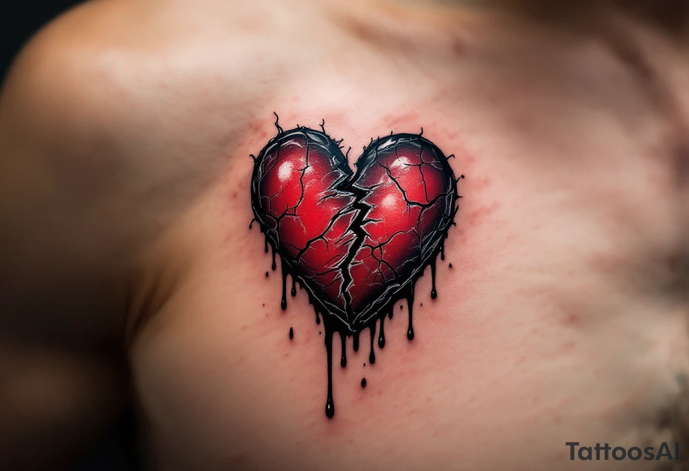 A hyper-realistic broken heart with deep crimson cracks, oozing black ink-like tears, symbolizing pain and healing. tattoo idea