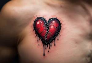 A hyper-realistic broken heart with deep crimson cracks, oozing black ink-like tears, symbolizing pain and healing. tattoo idea