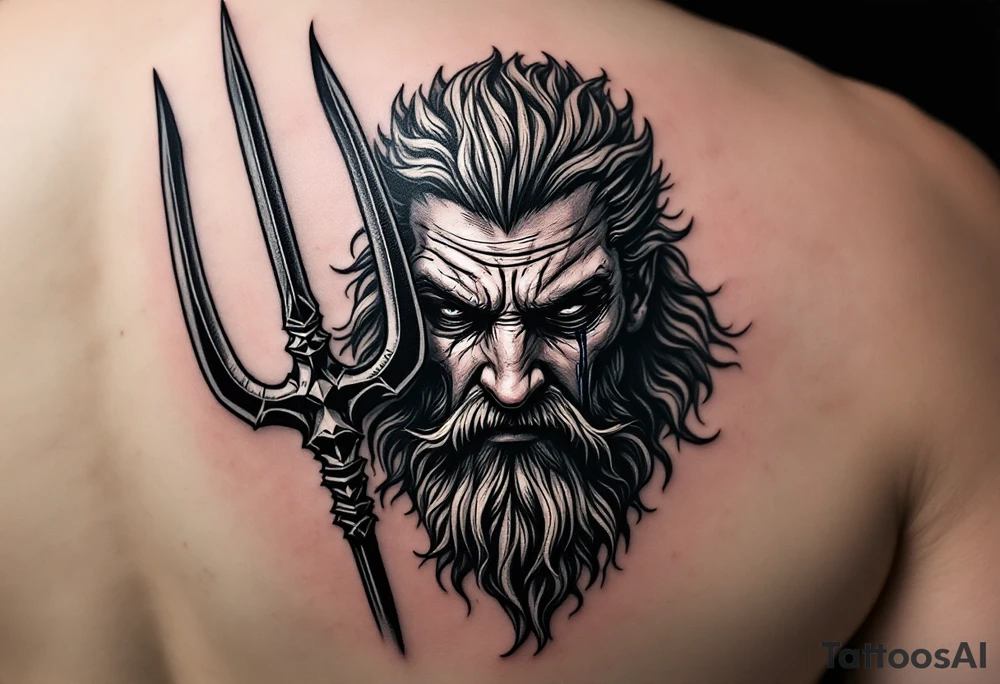 crying poseidon, behind a trident, looking at his nose tattoo idea