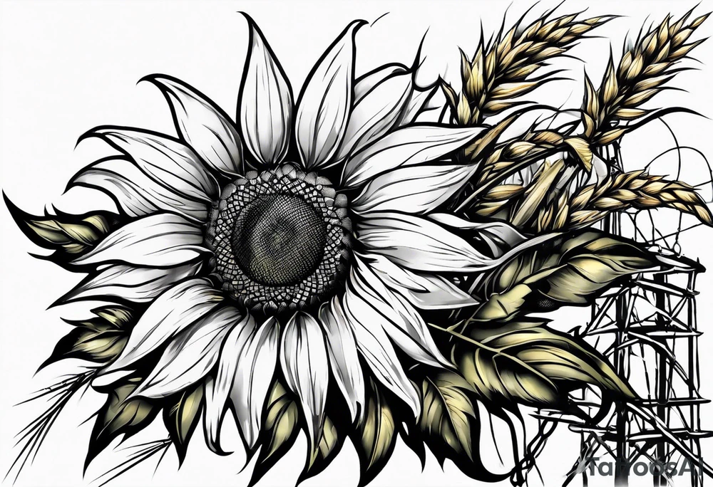 Sunflower, wheat, and barbed wire half sleeve tattoo idea