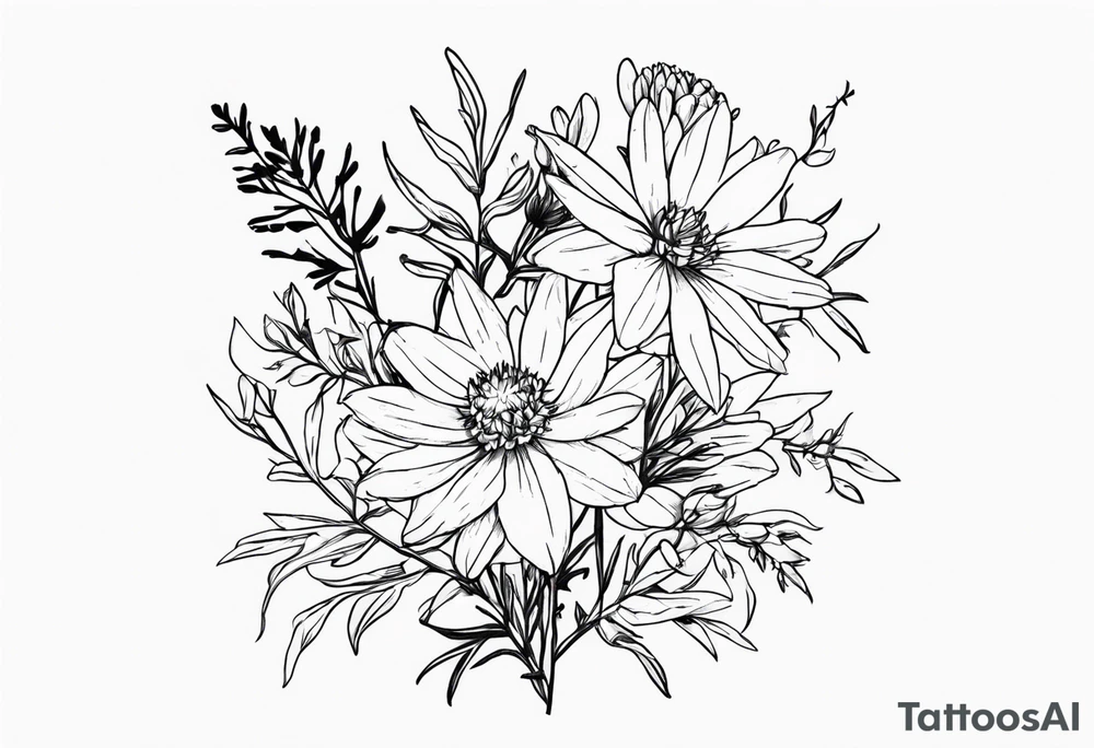 Aster and larkspur tall bouquet tattoo idea