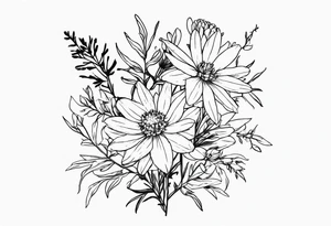Aster and larkspur tall bouquet tattoo idea
