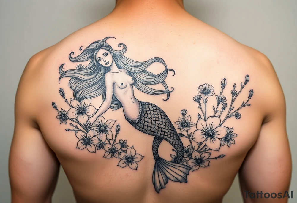 ethereal mermaid with flowing hair among coral and sea flowers tattoo idea