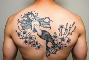ethereal mermaid with flowing hair among coral and sea flowers tattoo idea