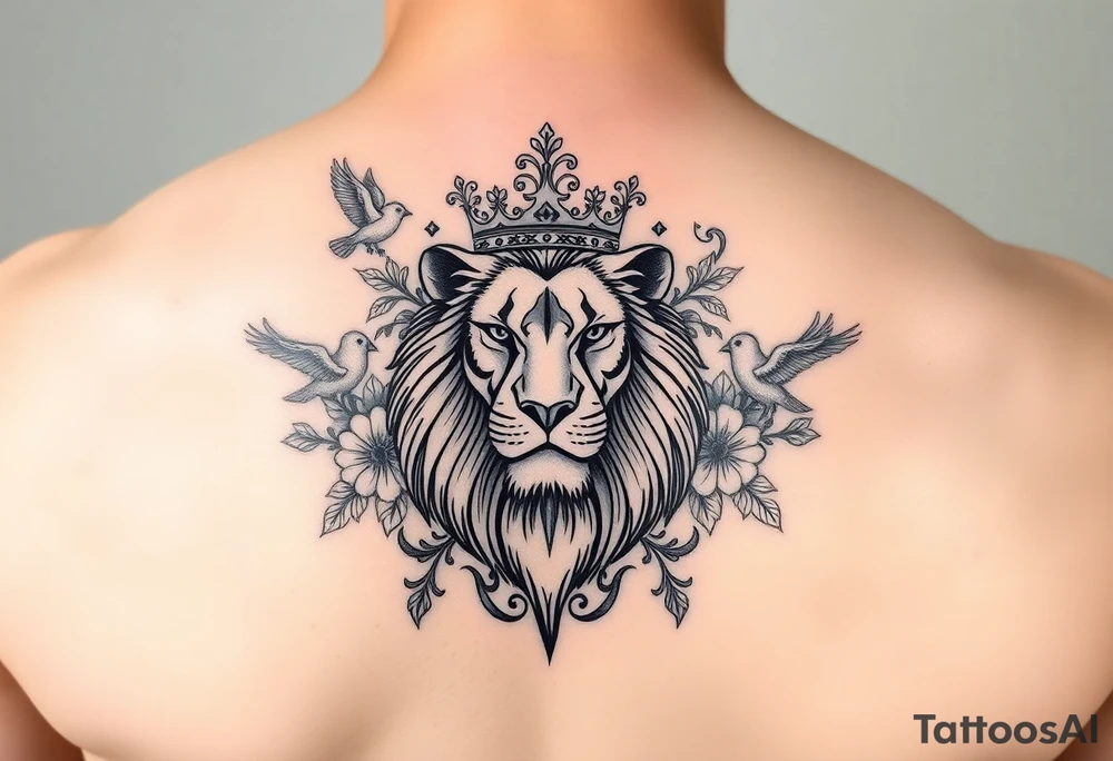 powerful majestic lion with a crown, surrounded by floral ornaments and birds tattoo idea