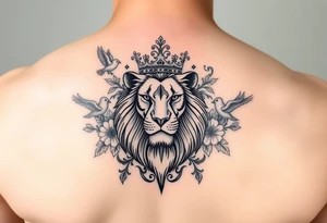 powerful majestic lion with a crown, surrounded by floral ornaments and birds tattoo idea