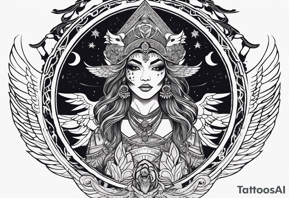 black kali, goddess pirate, alien, angel, pachamama, valkrye, warrior, flying, skull, lotus azul, wing, eagle, zenza resonance, stars, 5D, anahata chakra, death, durga, riding on a tiger, flying lady tattoo idea